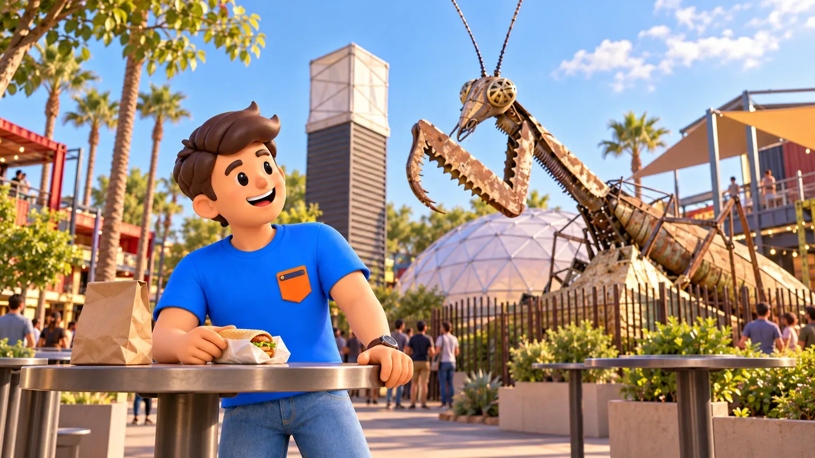 Character taking a lunch break near the Mantis sculpture at Container Park