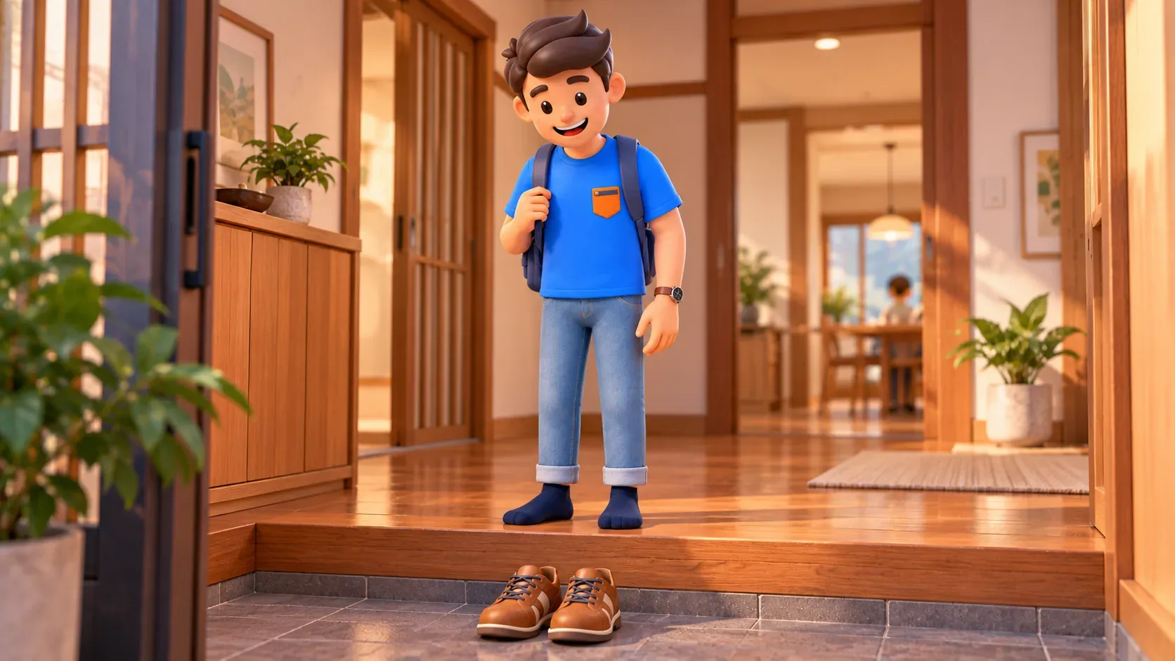 Traveller in socks on the interior floor with shoes left below the threshold