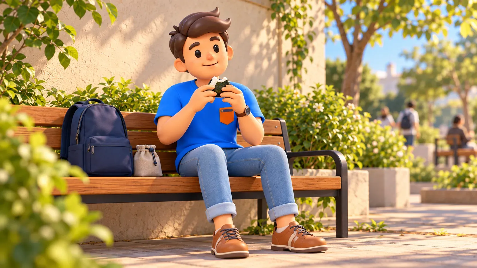 Traveller enjoying a rice snack while seated on a bench