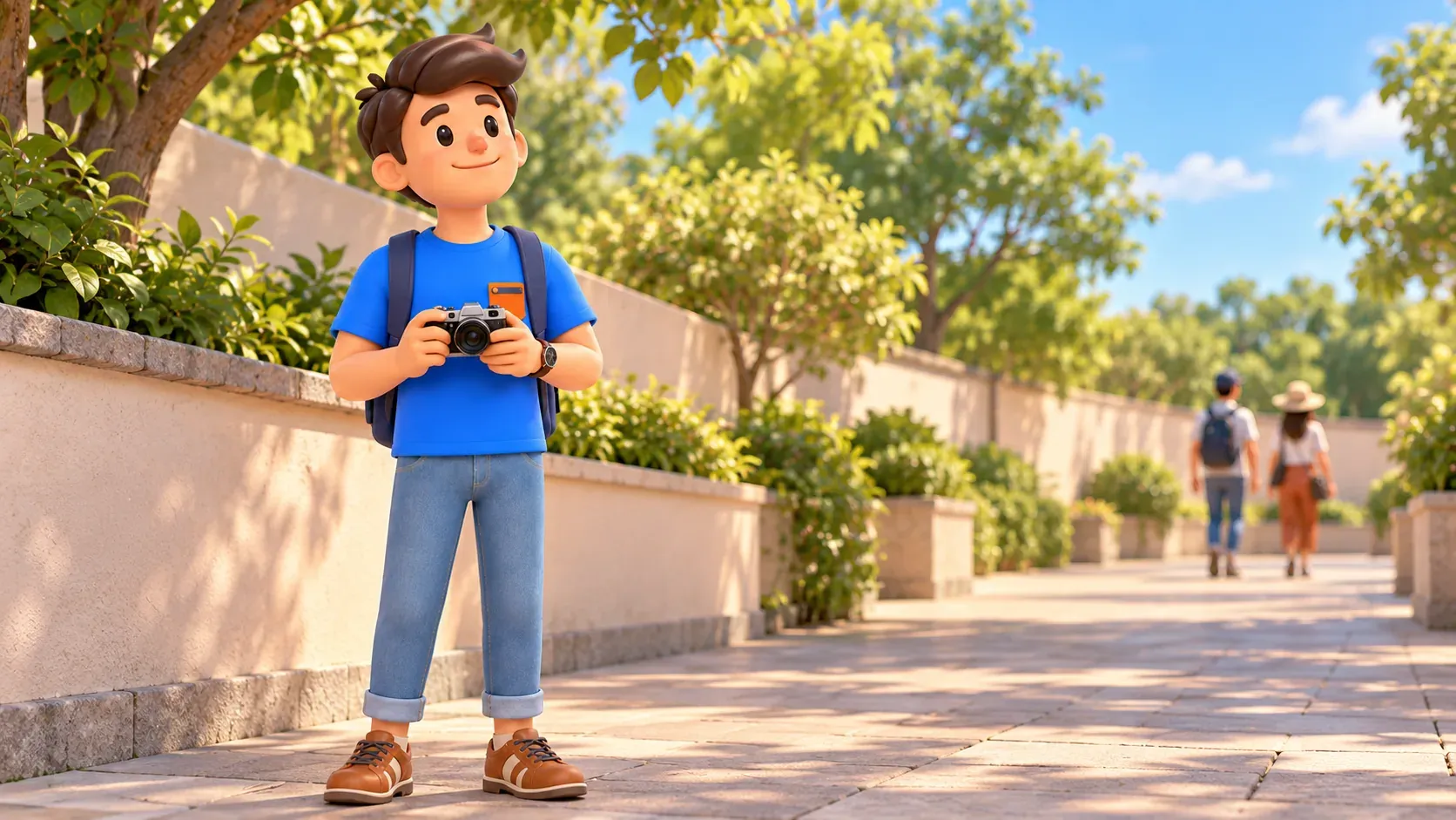 Traveller holding a lowered camera while leaving the walkway clear