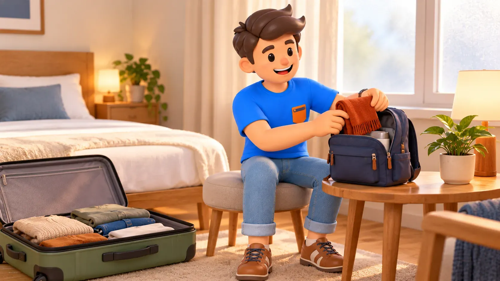 Traveller putting a scarf into a daypack before storing a suitcase