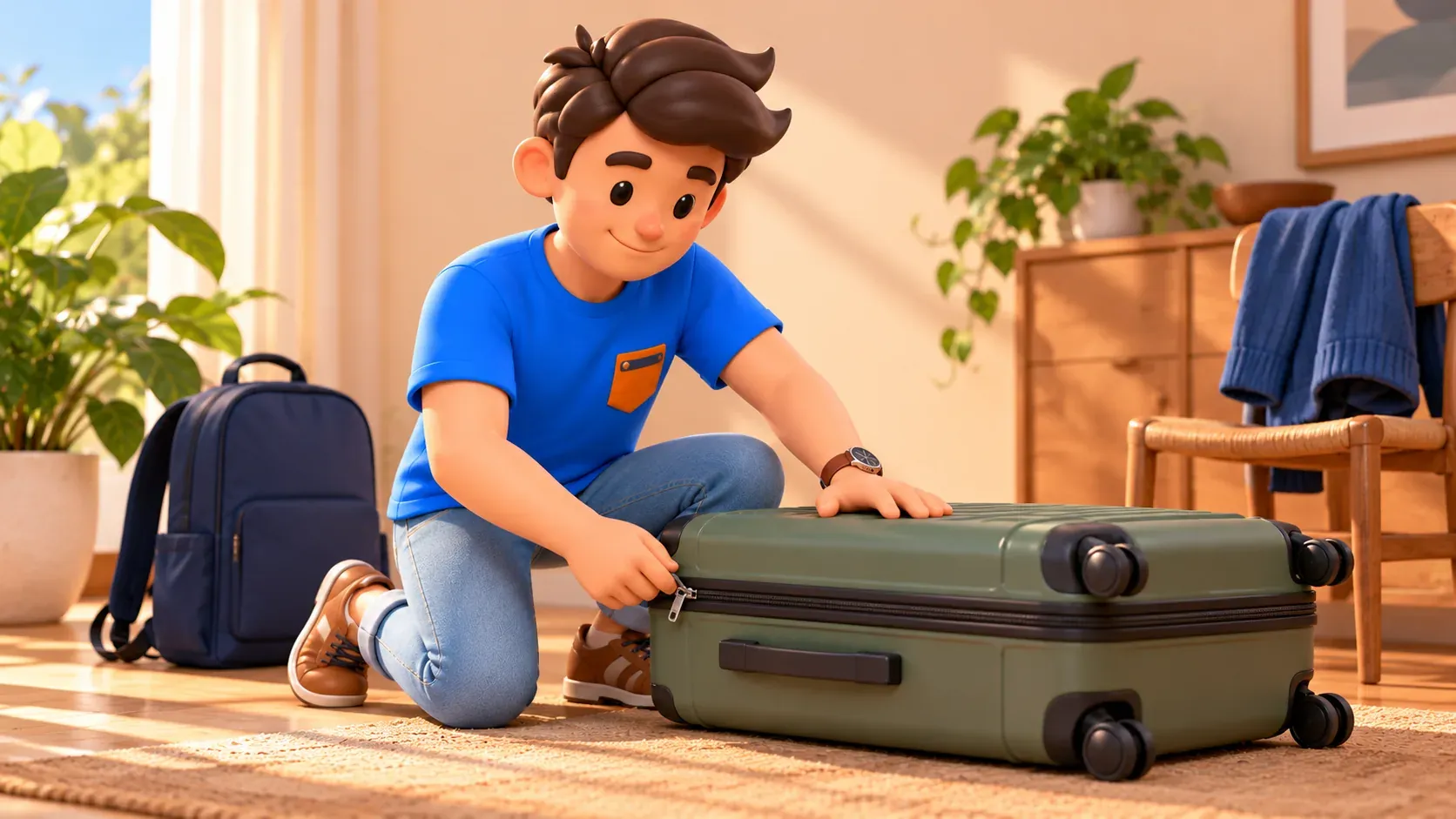 Traveller closing a suitcase before handing it over for storage