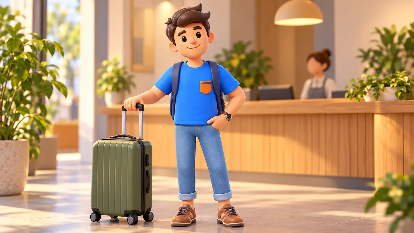 Traveller with his suitcase after collection at a counter