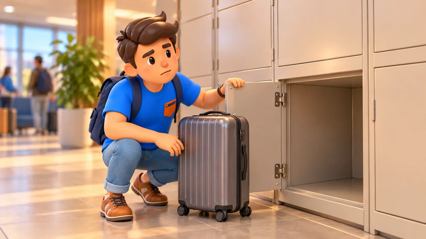 Voyageur vérifiant sa valise à côté d’un casier privé générique