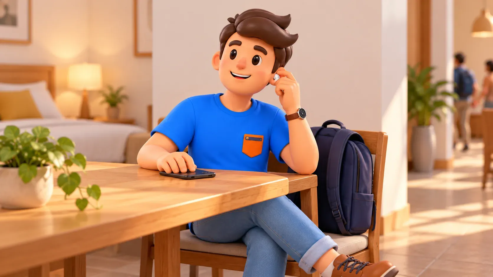 Traveller preparing an earbud for the audioguide before visiting