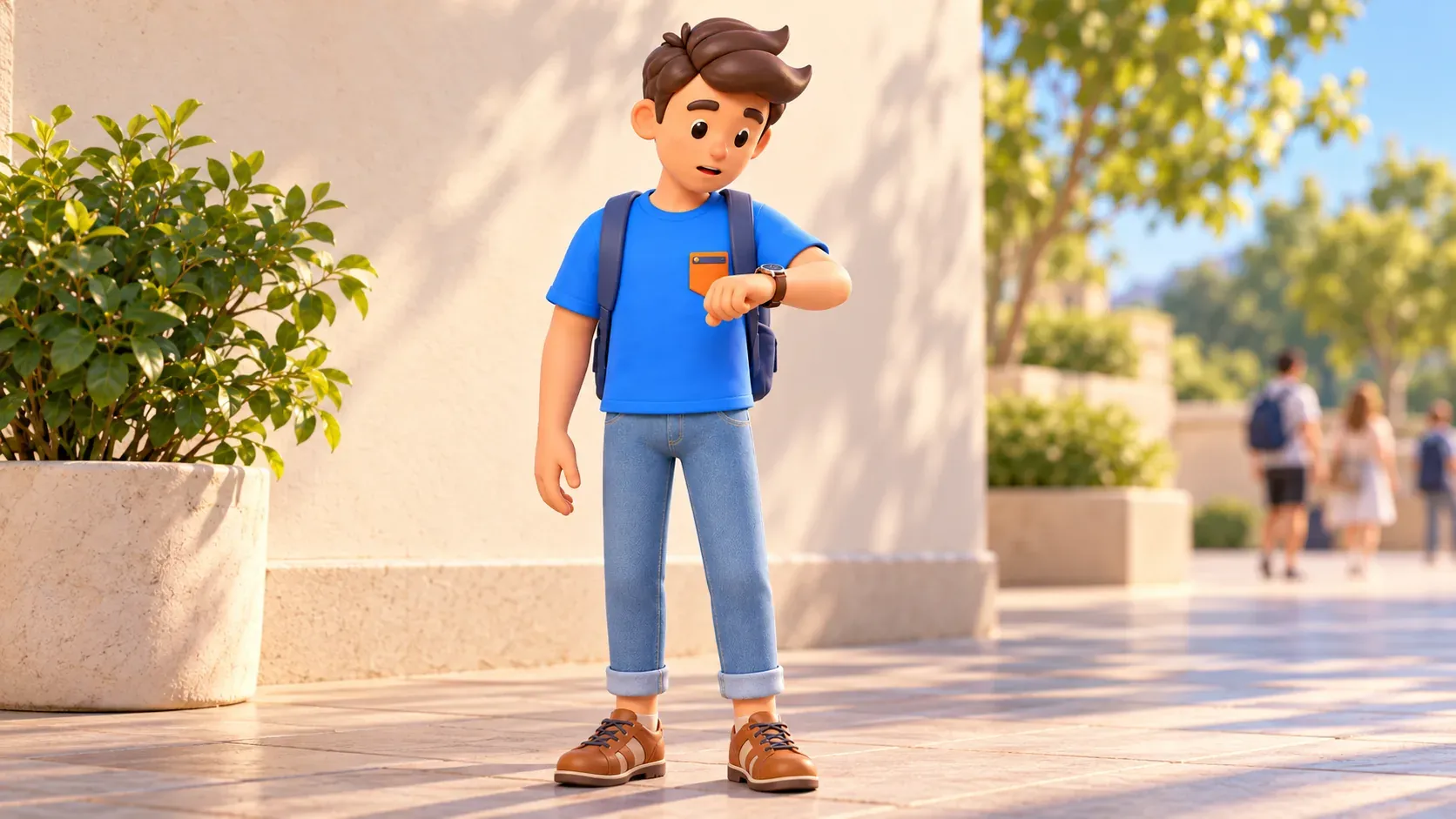 Traveller checking a wristwatch before timed admission