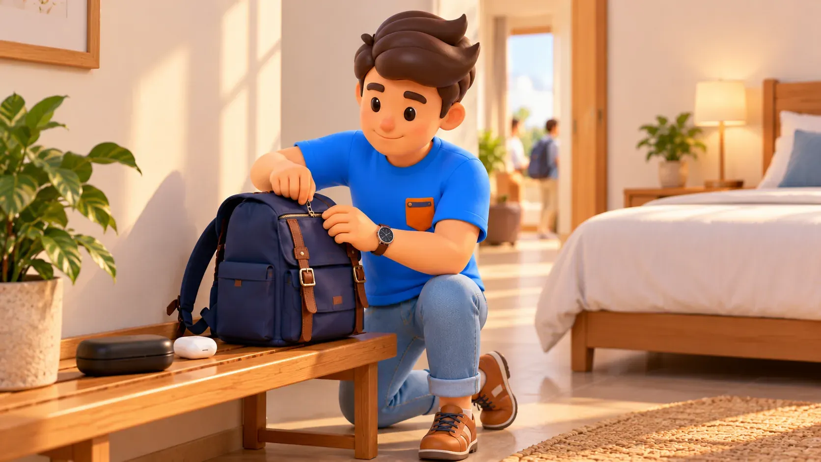 Traveller closing a small backpack before setting out