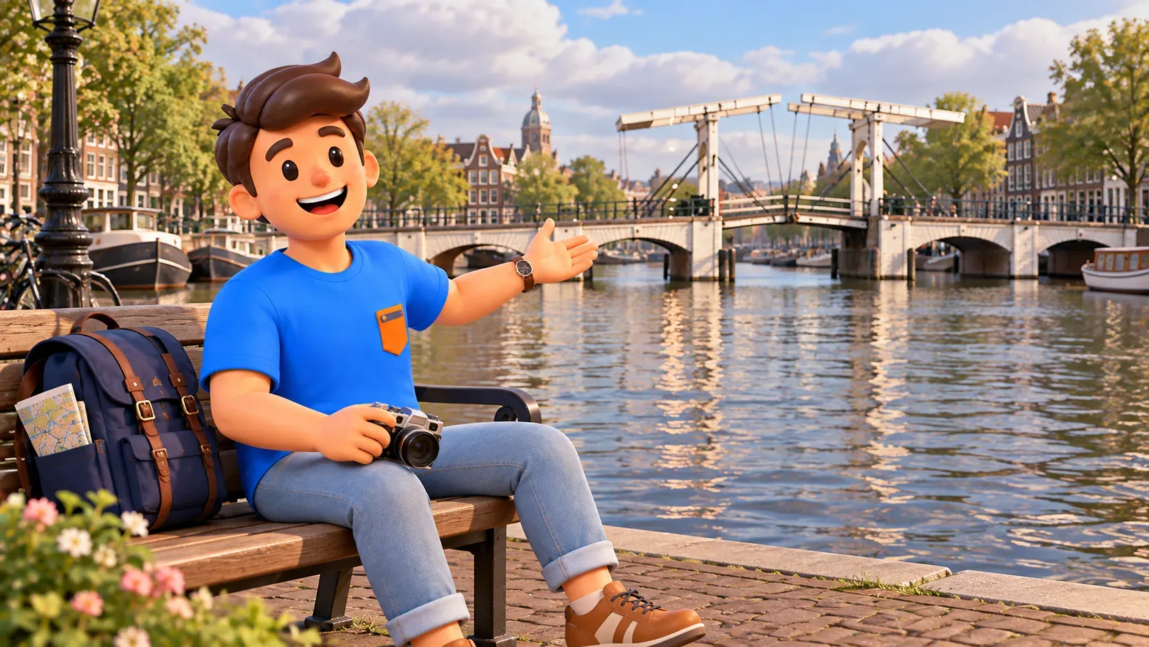 Illustration inspirée de Magere Brug, avec un voyageur et son appareil sur un banc près du pont-levis blanc