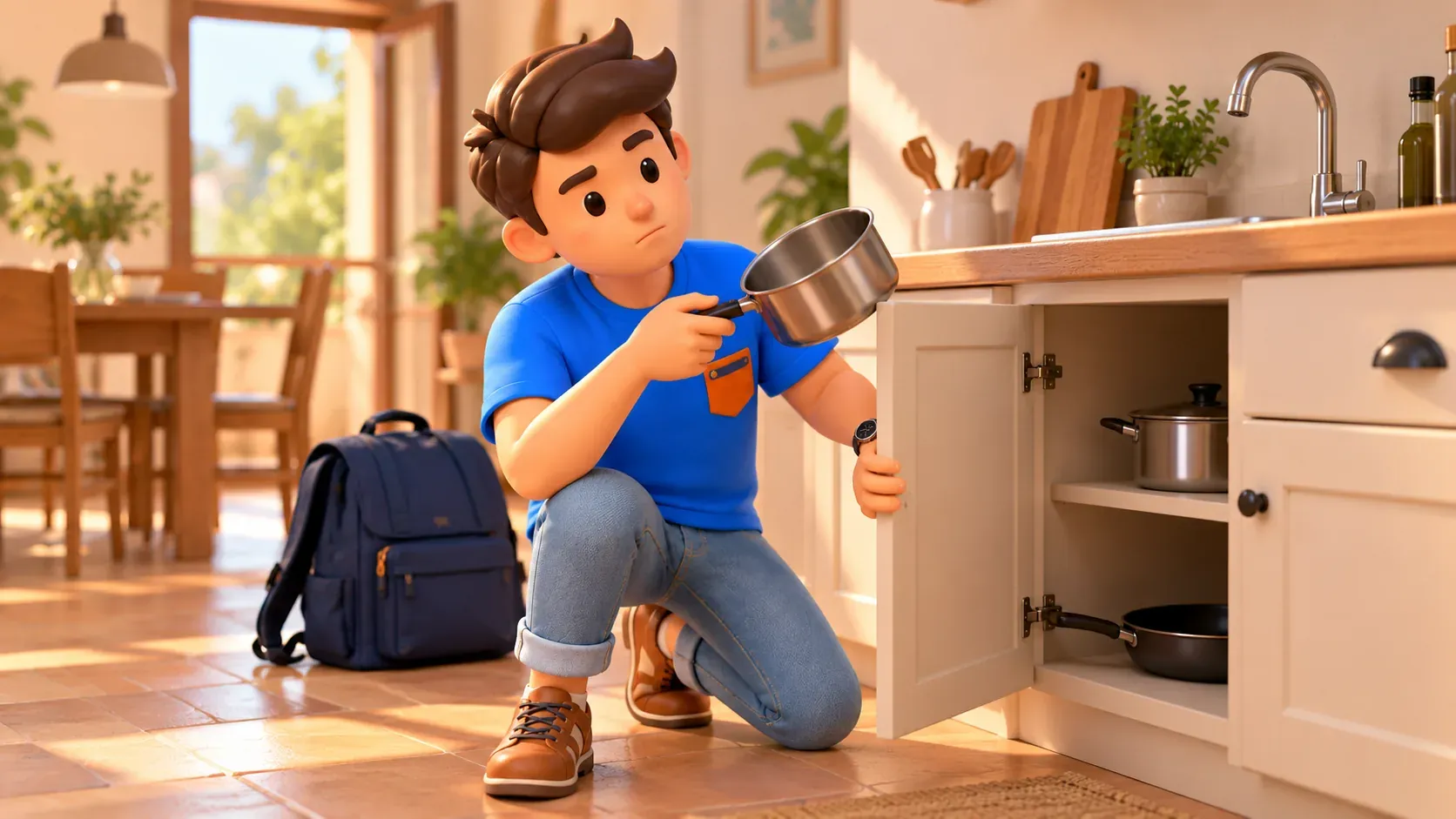 Voyageur vérifiant les ustensiles d’une kitchenette