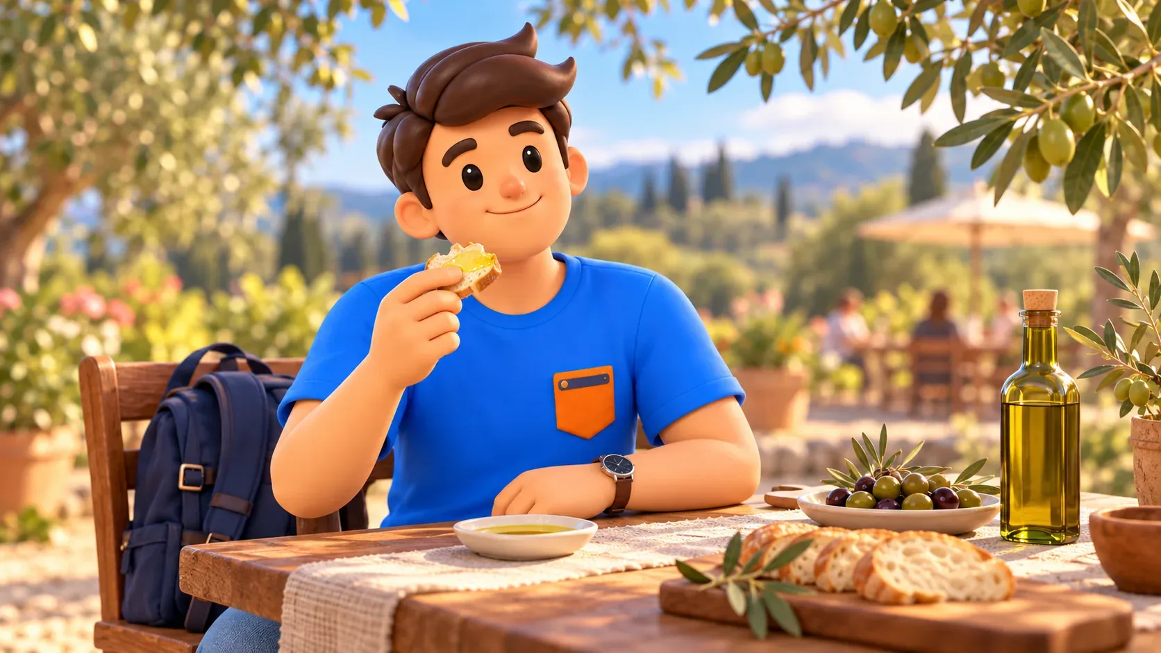 Voyageur goûtant du pain avec de l’huile d’olive à une table rurale