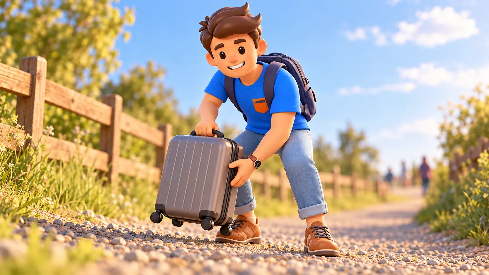 Voyageur soulevant une valise au-dessus d’un chemin de gravier