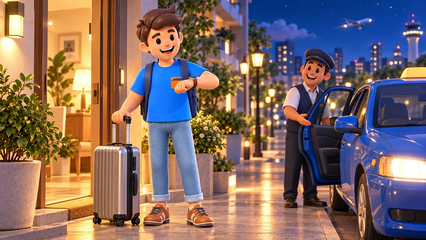Une personne part avec ses bagages pour un transfert vers un vol de nuit