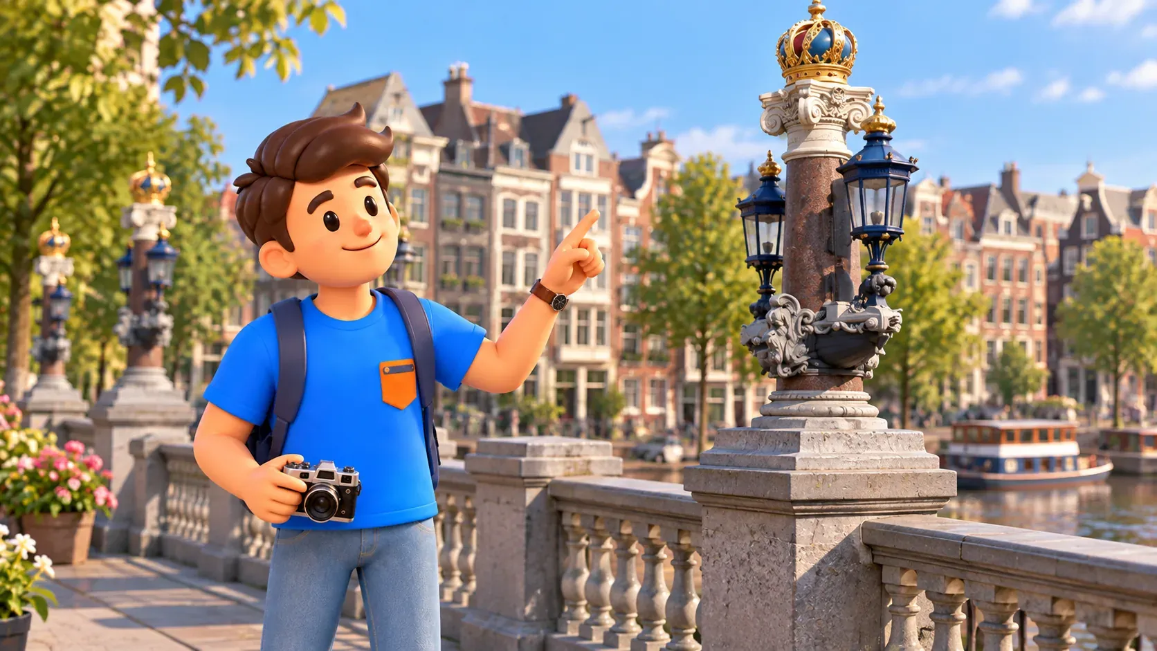 Illustration inspirée de Blauwbrug, avec un voyageur regardant un pilier couronné et des lanternes bleues