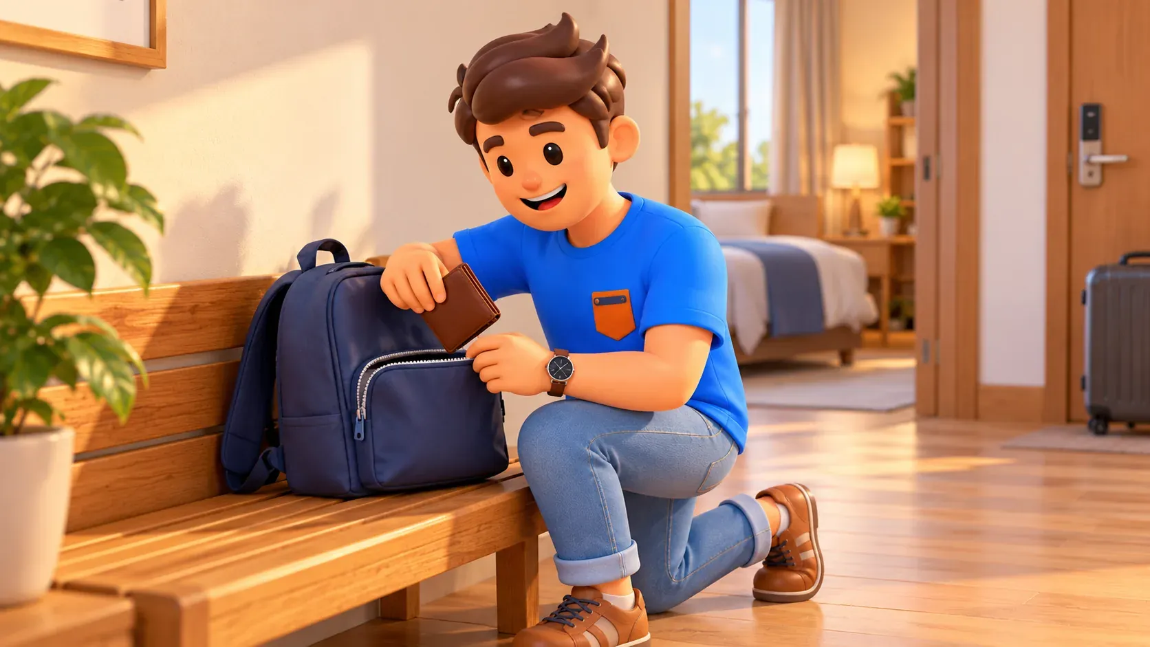 Traveller putting a closed wallet into an accessible backpack pocket