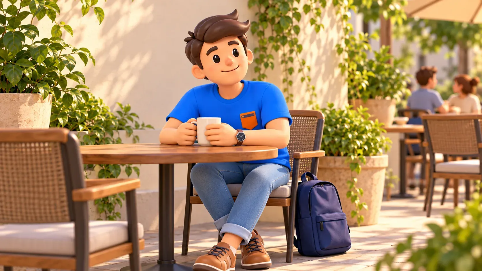 Traveller taking a quiet break at a terrace table