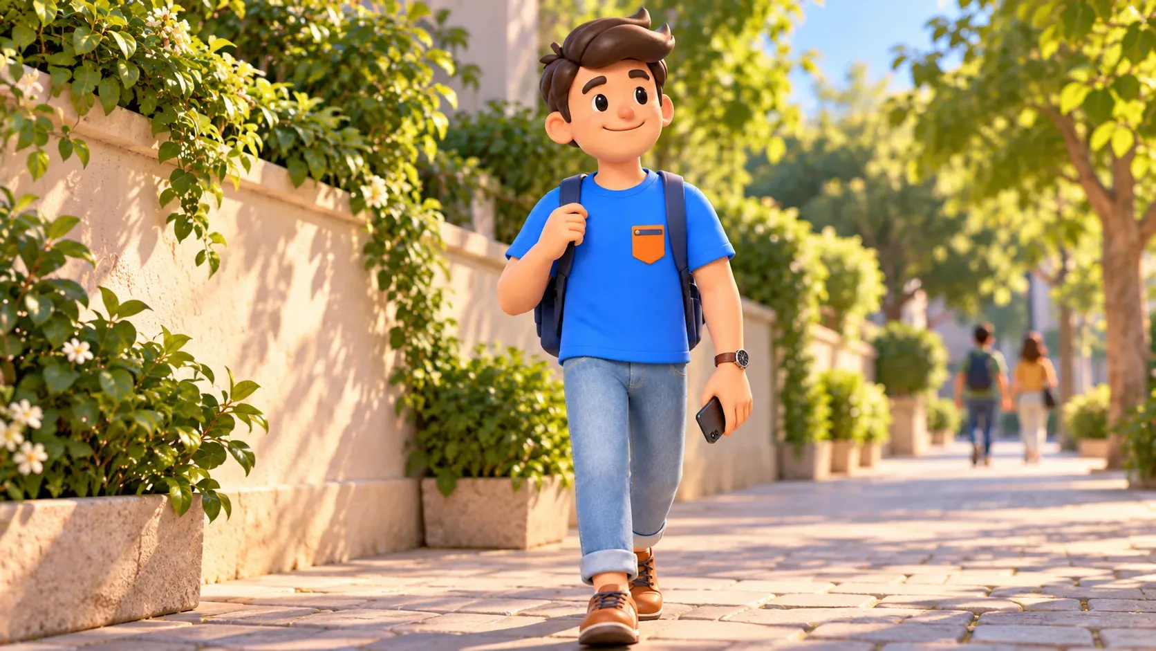 Traveller walking with a backpack and a phone facing away from view