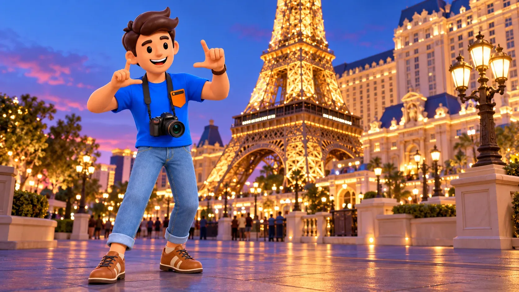 Персонаж выбирает кадр на фоне башни Paris Las Vegas