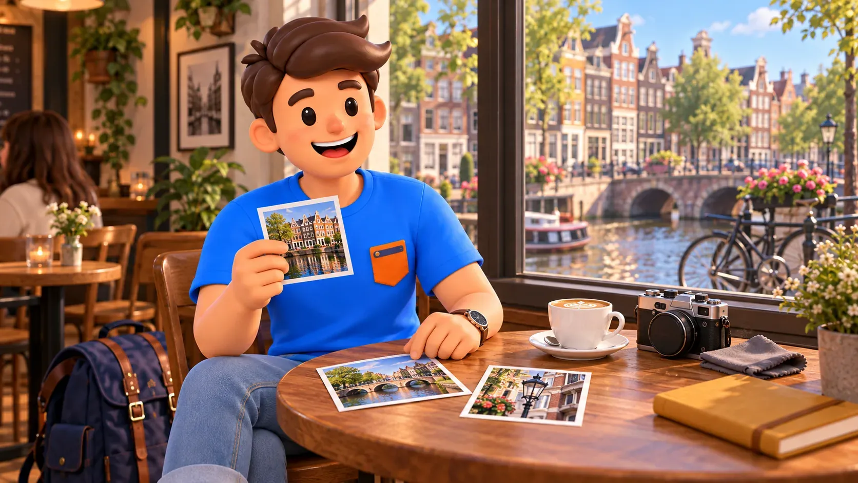 Illustration thématique d’un voyageur choisissant des photos de canaux et ponts dans un café imaginaire