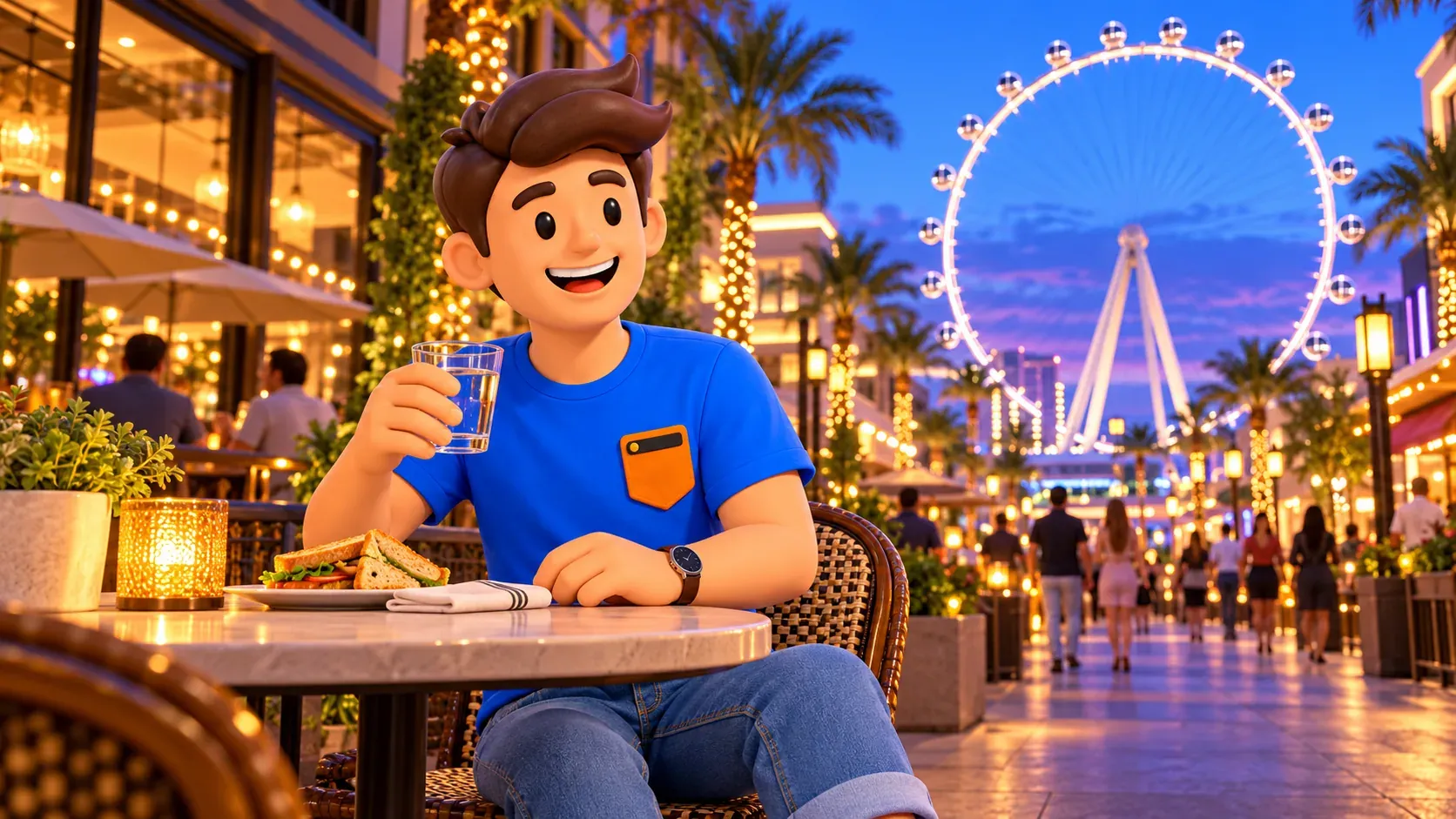 Персонаж отдыхает за столиком у LINQ Promenade с видом на High Roller