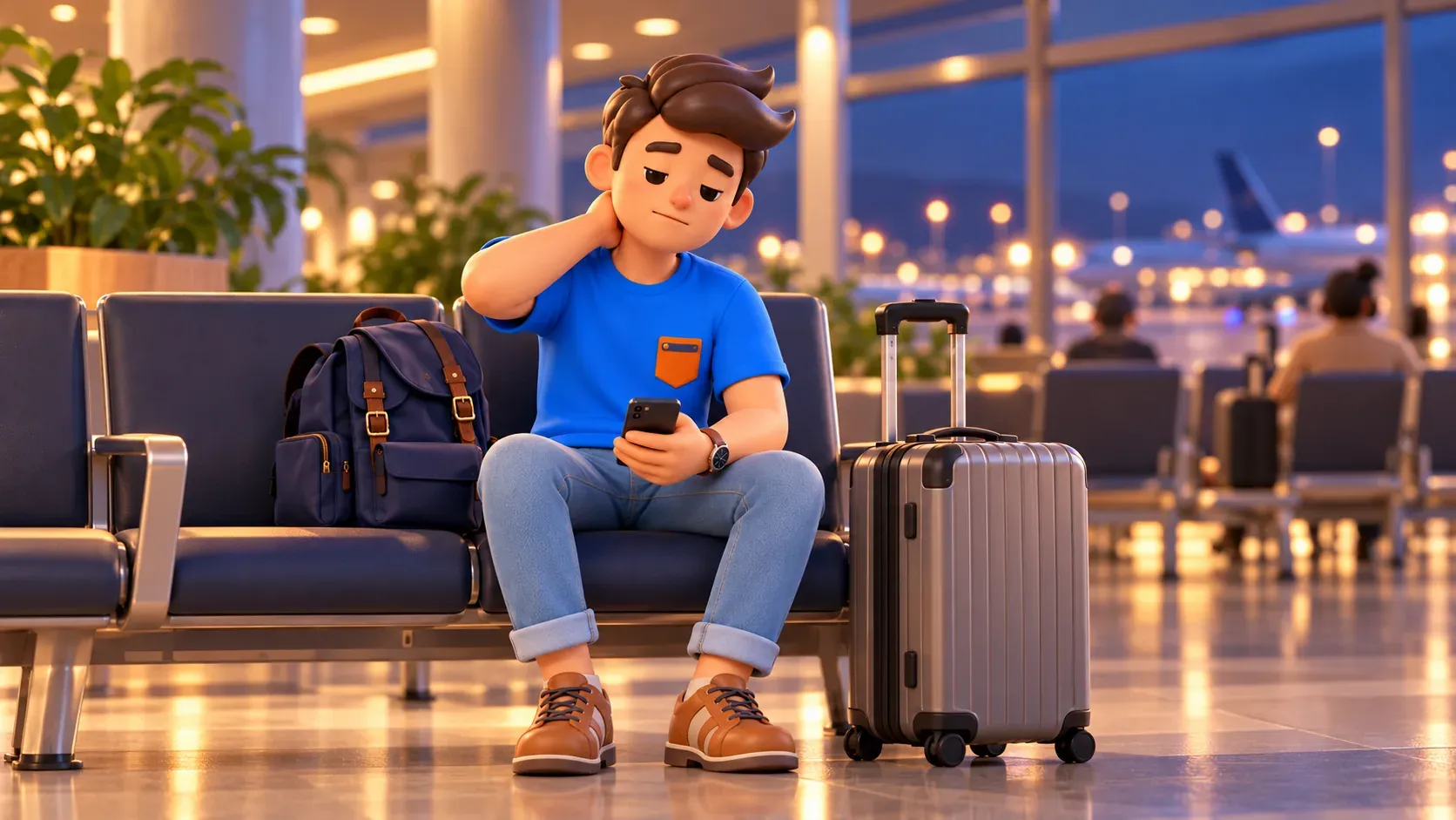 Müder Reisender schaut nachts am Flughafen auf sein Smartphone