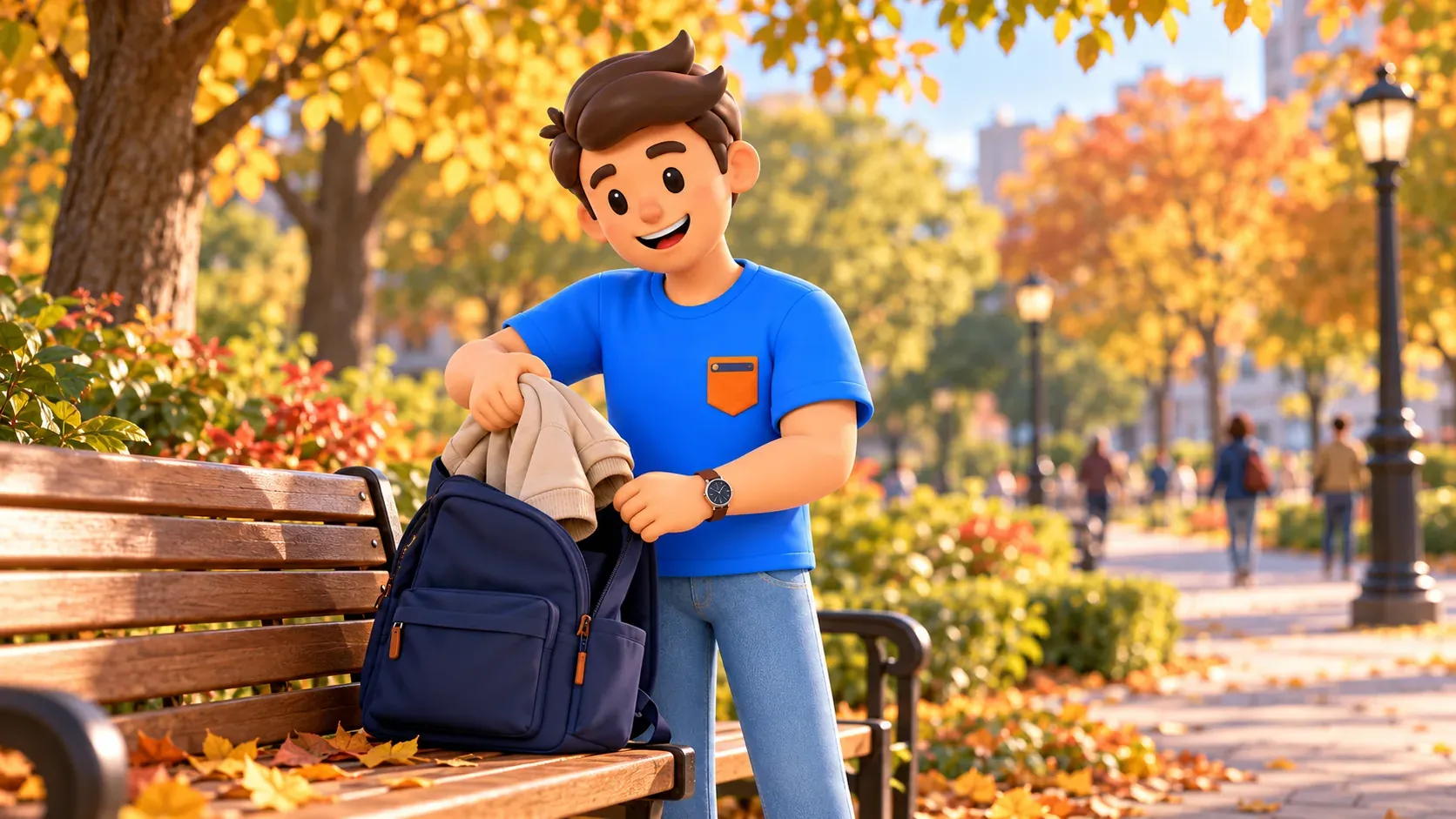 Traveller packing a light layer in an autumn park