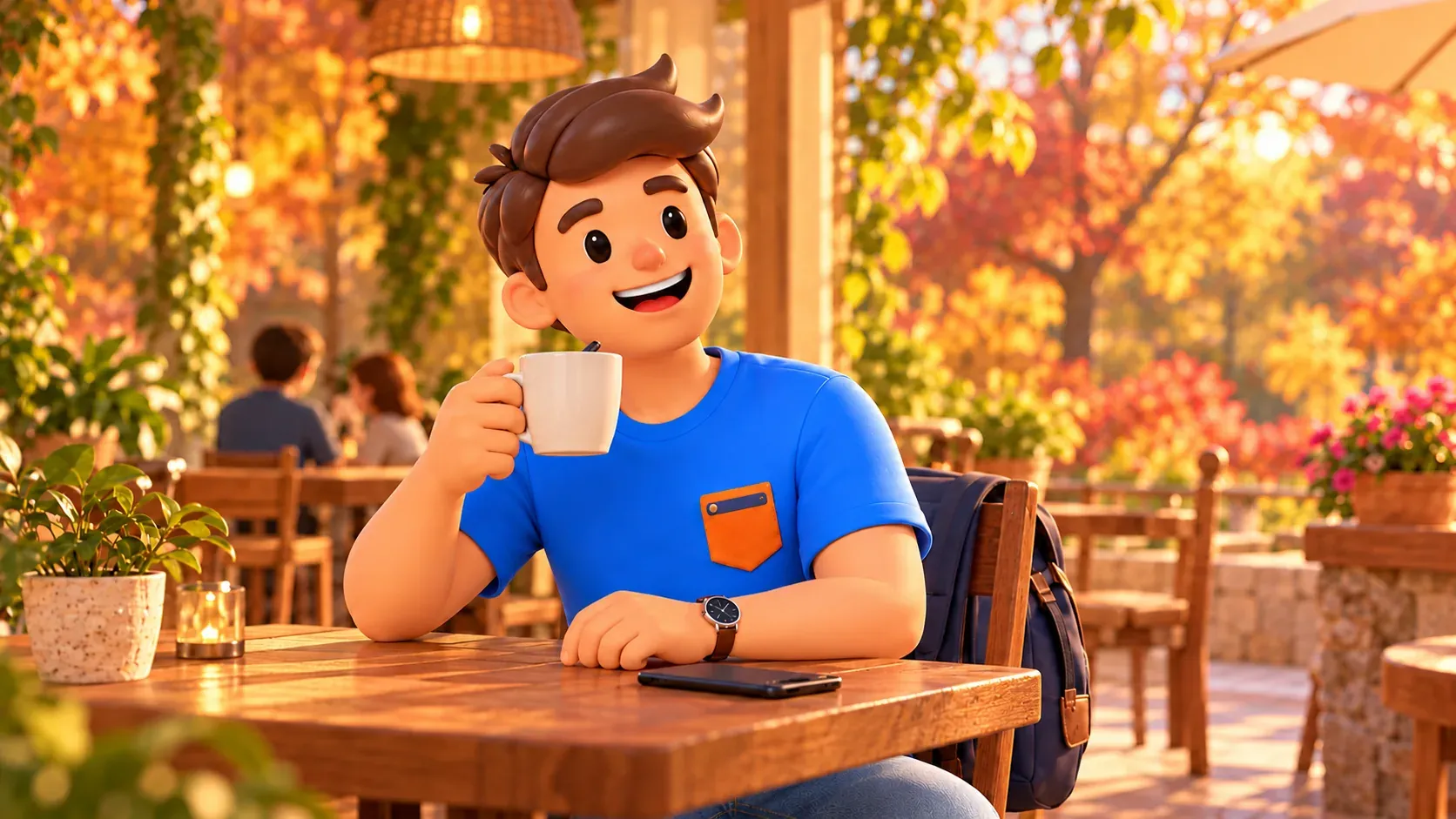 Traveller taking a cafe break with a cup