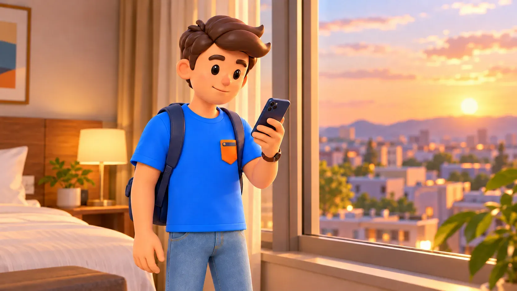 Traveller checking a phone before leaving the room