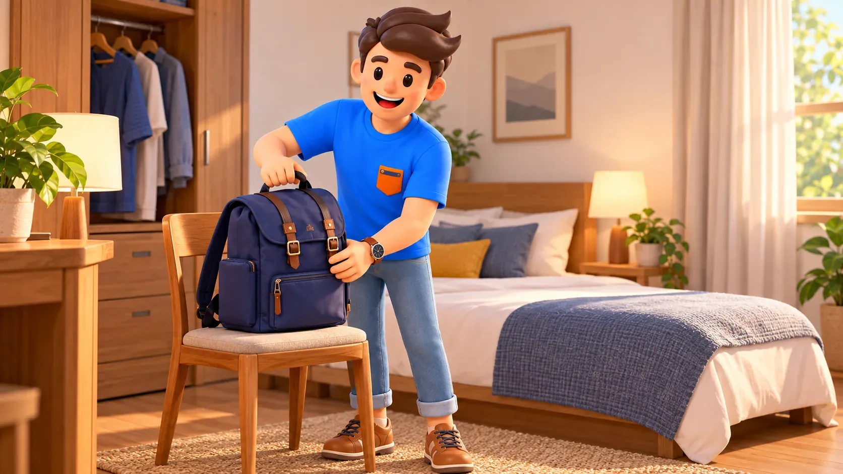 Traveller placing a backpack on a chair in a comfortable modest room