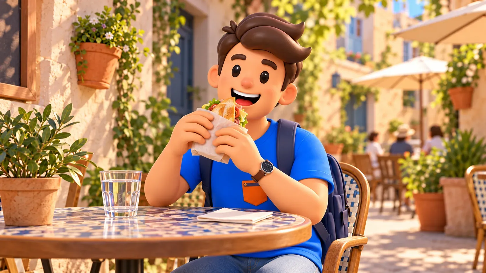 Traveller taking a food break with a sandwich and water