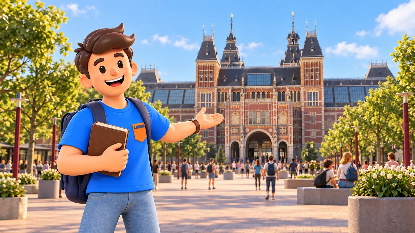 Illustration inspirée du Rijksmuseum, avec un voyageur et son livre devant la façade de briques