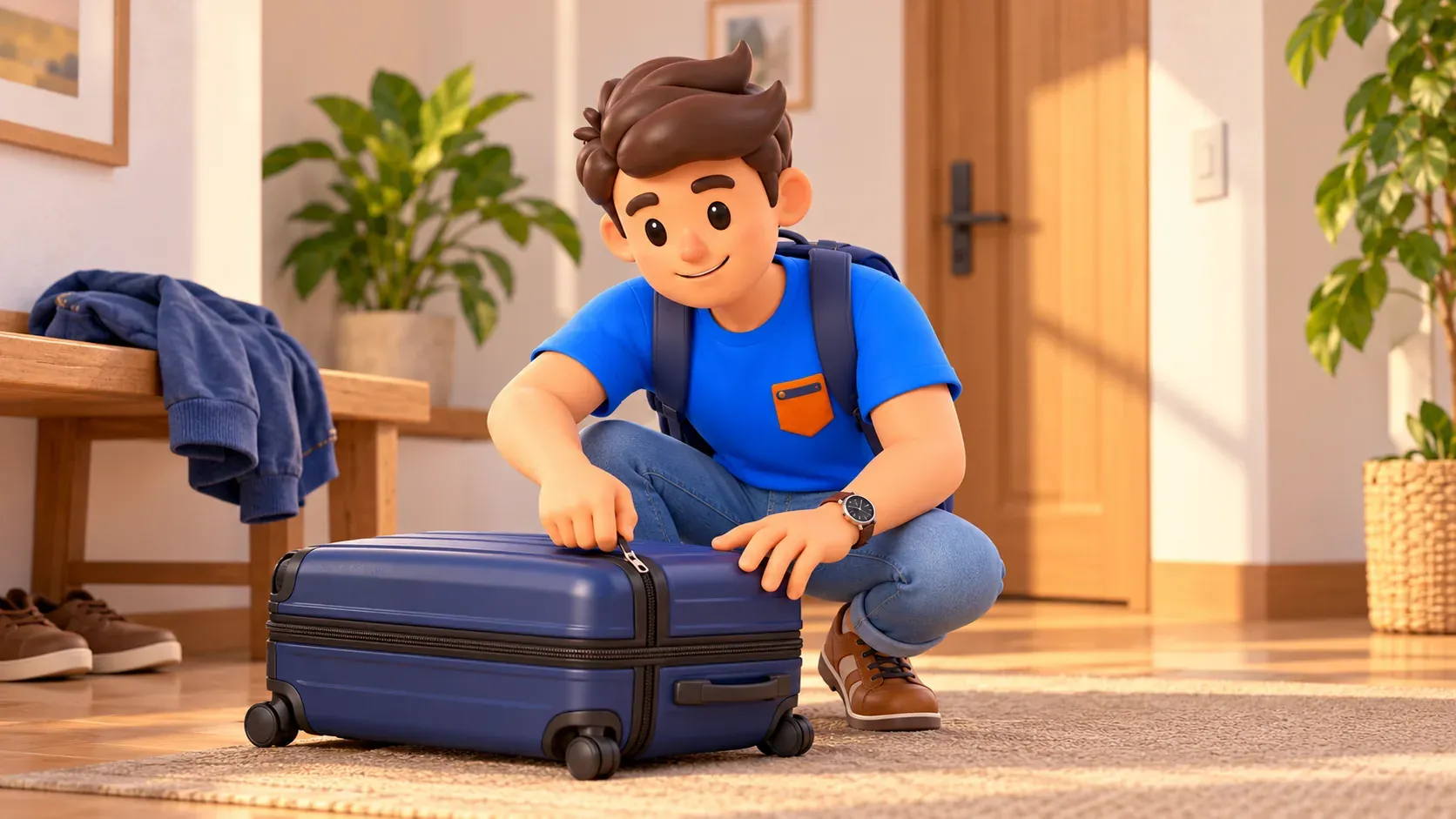 Traveller carefully closing a small suitcase before departure