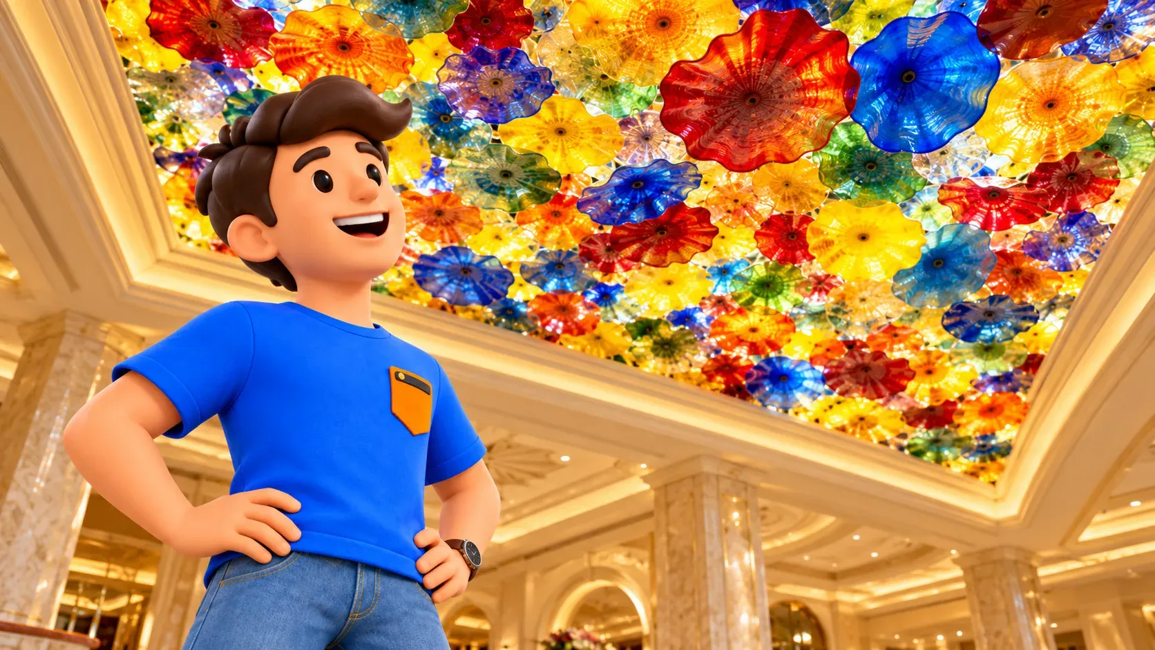 Figur betrachtet das bunte Glas von Fiori di Como in der Bellagio-Lobby