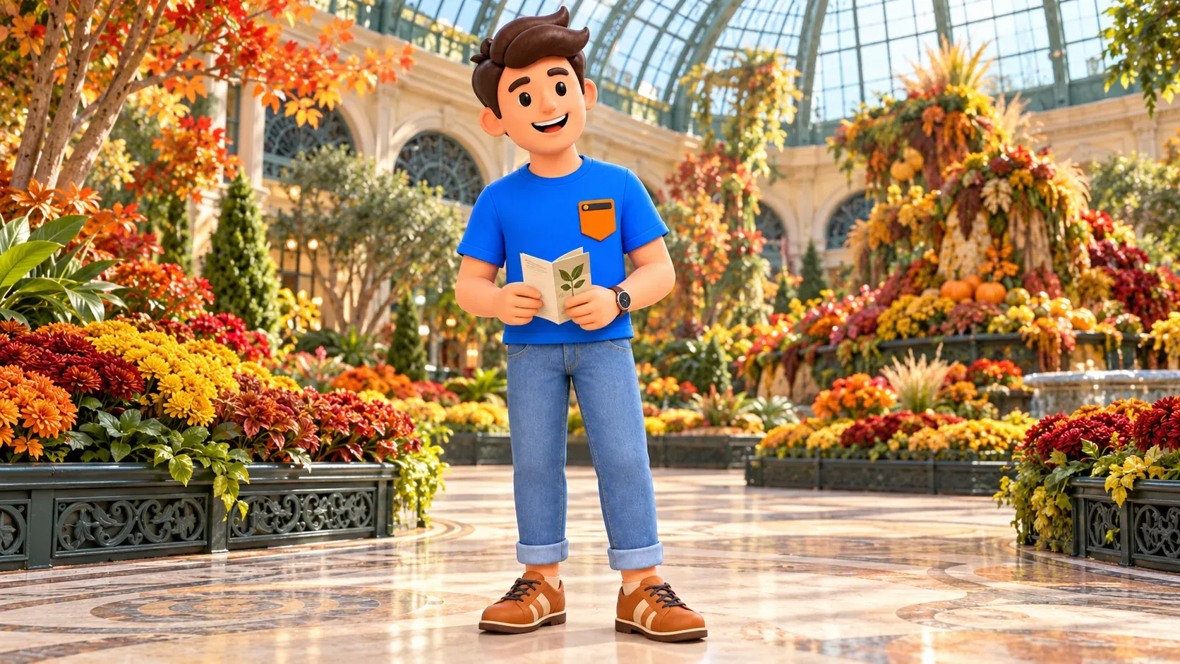 Figur mit botanischer Broschüre im saisonalen Garten des Bellagio