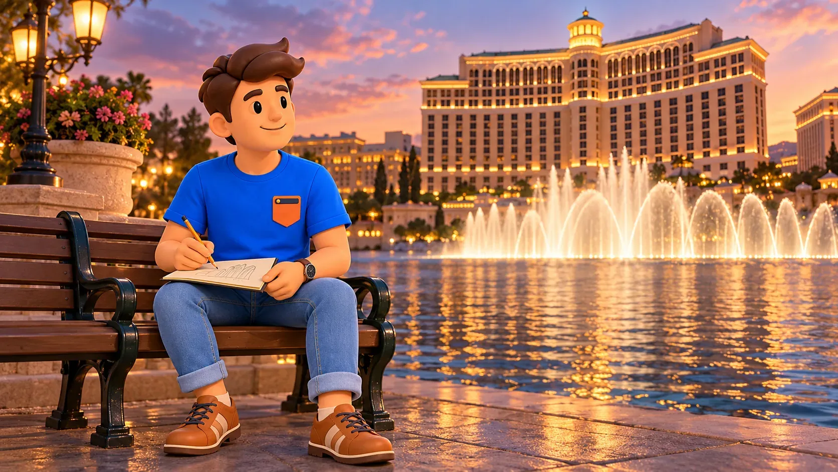 Figur skizziert die Fontänen vor dem abendlich beleuchteten Bellagio