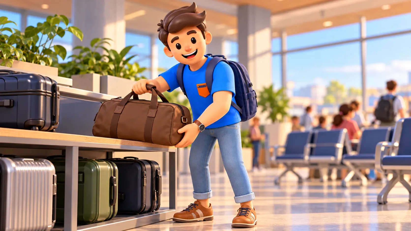Traveller lifting a travel bag from a shelf