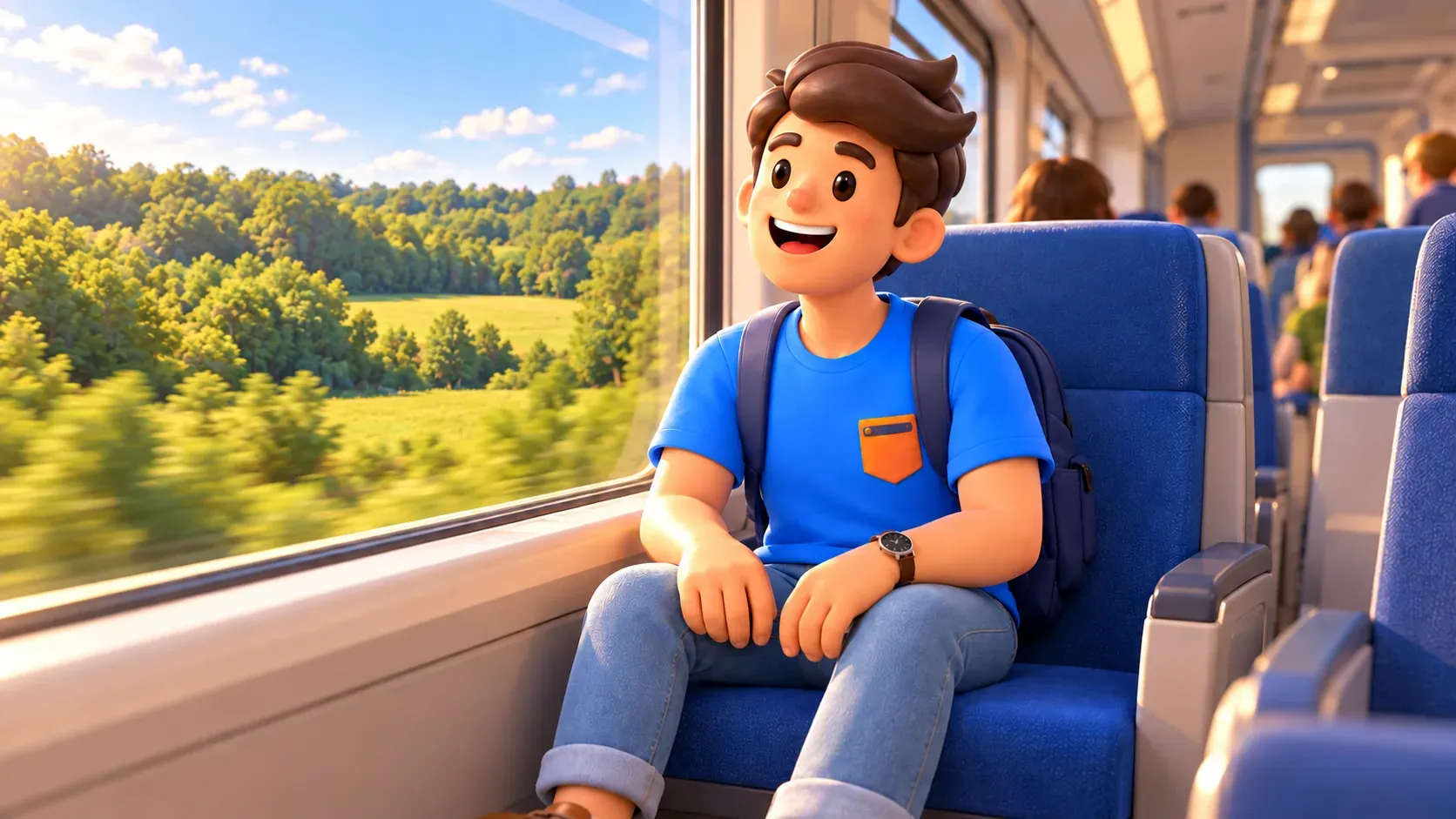 Traveller enjoying green scenery through a carriage window