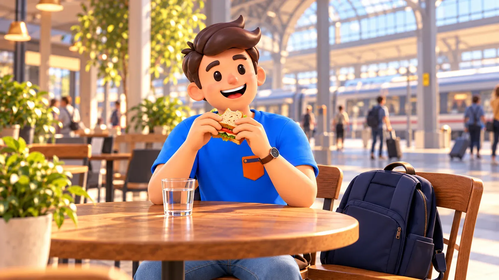 Traveller having a cafe snack before a journey
