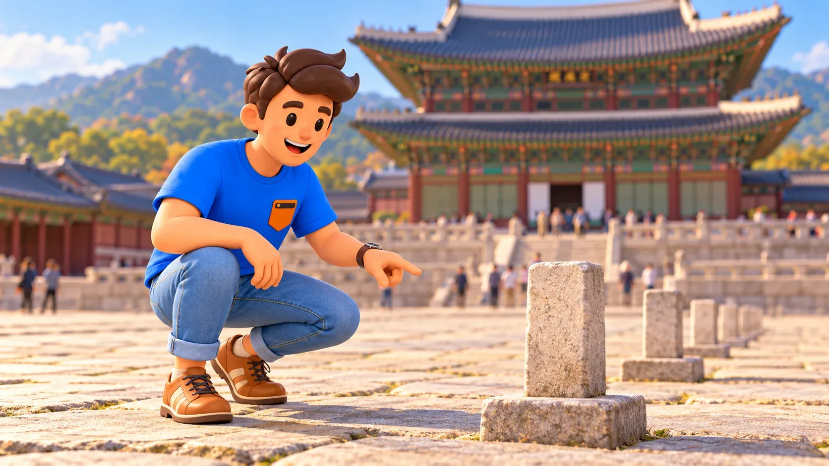 Personaje observando un marcador de piedra en un patio palaciego