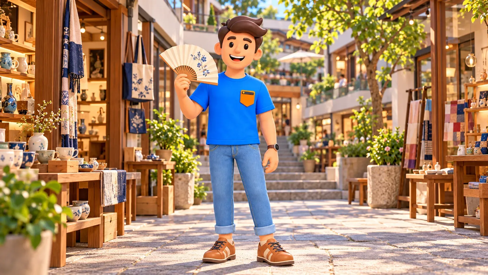 Personaje con un abanico de papel en un patio artesanal inspirado en Insadong