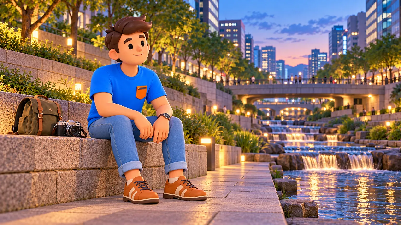Personaje descansando junto a un arroyo urbano inspirado en Cheonggyecheon al anochecer