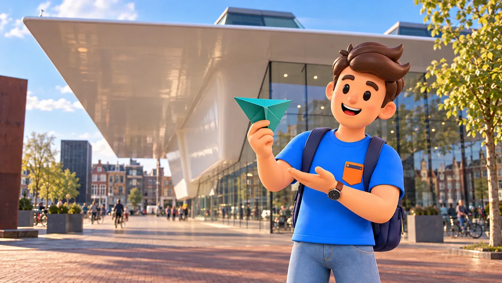 Illustration inspirée du Stedelijk, avec un voyageur tenant une forme de papier devant le volume blanc en surplomb