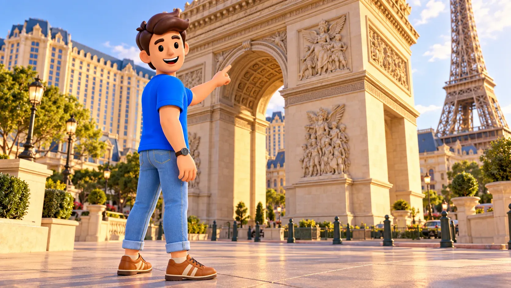 Персонаж рассматривает рельеф копии Триумфальной арки у Paris Las Vegas