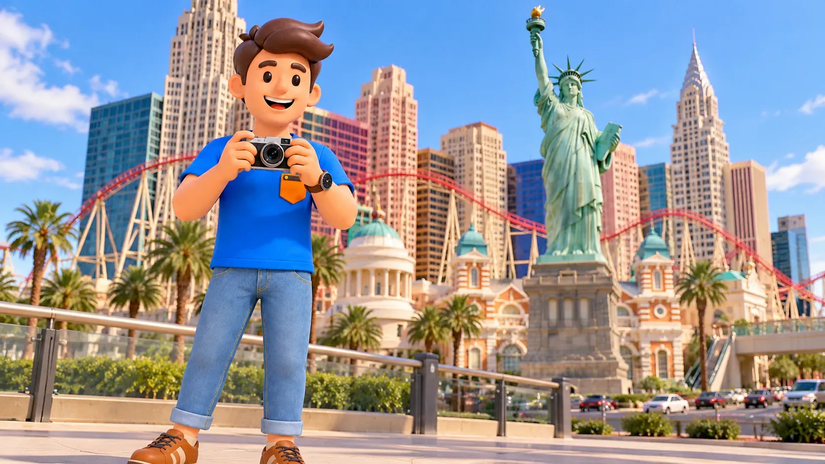 Персонаж с камерой перед копией статуи Свободы у New York–New York