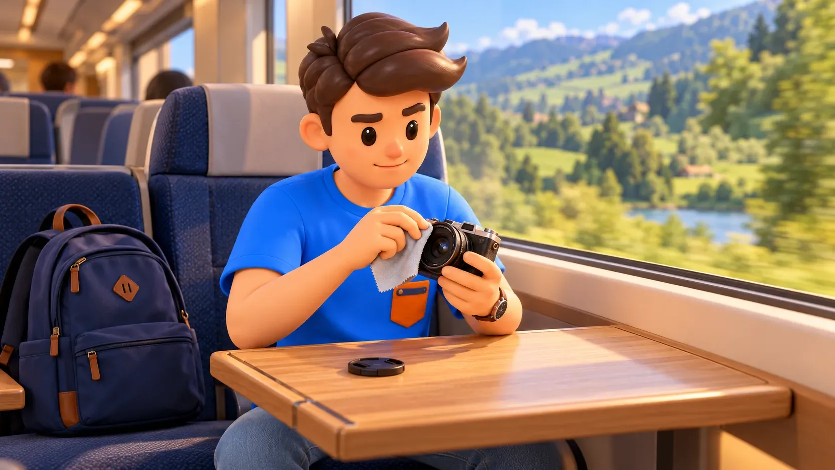 Traveller cleaning a camera lens before train photography