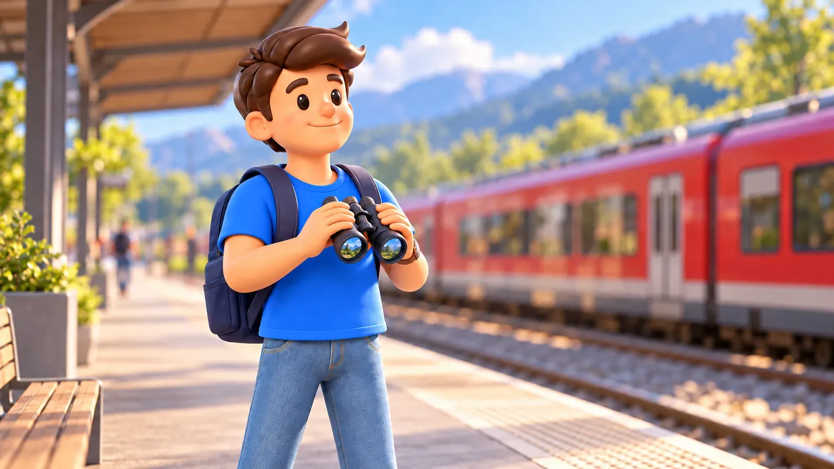 Traveller holding binoculars on a railway platform