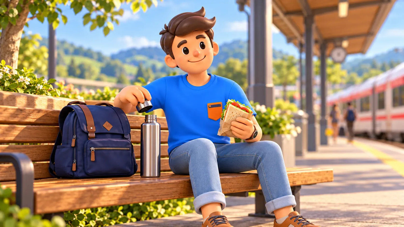 Traveller preparing a snack and water before a train journey