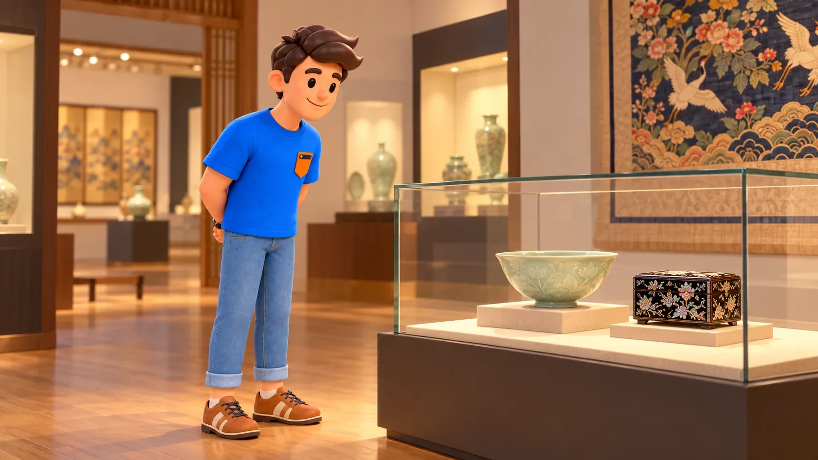 Personnage observant une céramique et un coffret laqué dans une galerie illustrée