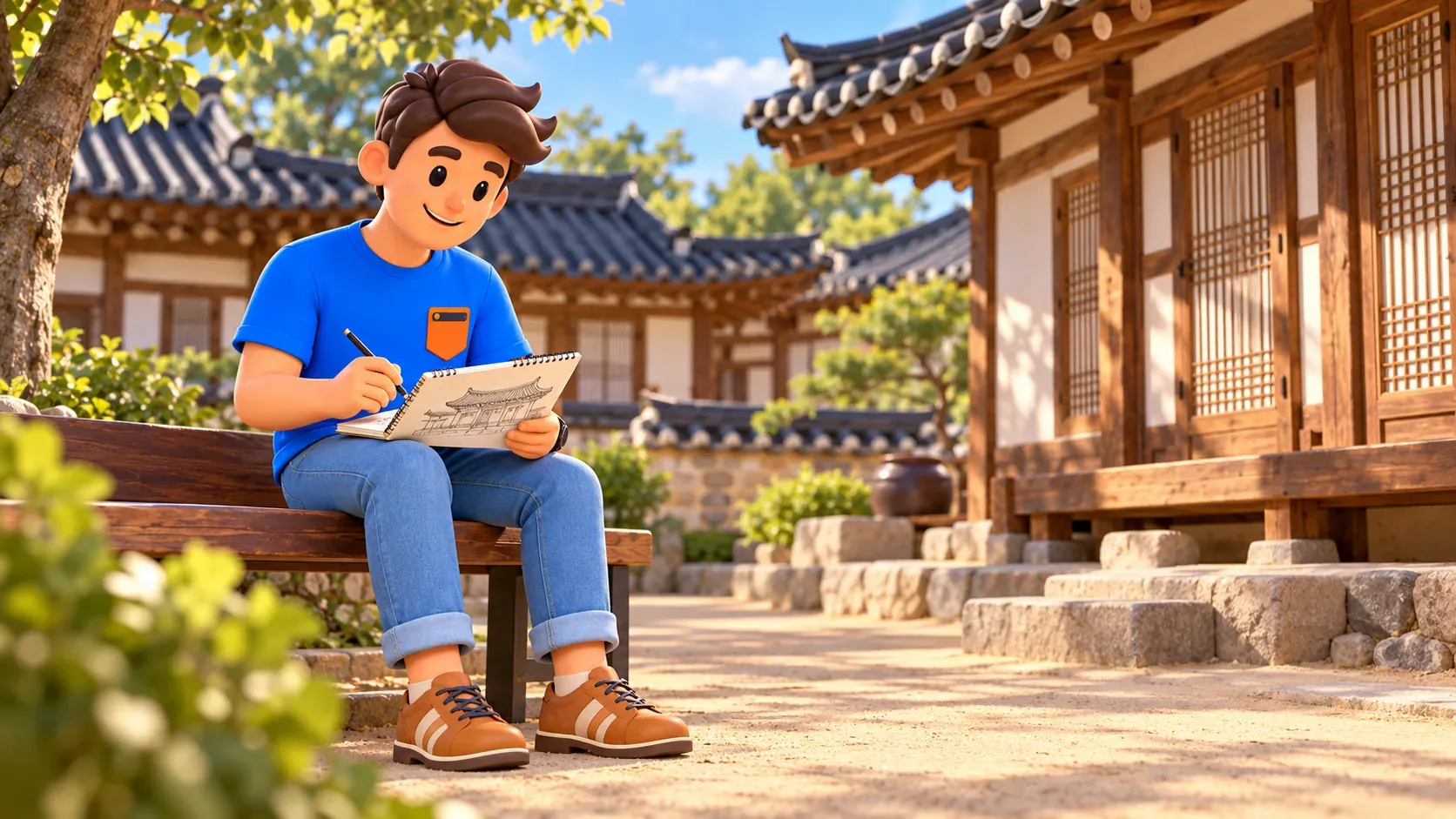 Personnage dessinant dans la cour illustrée d’une maison coréenne traditionnelle