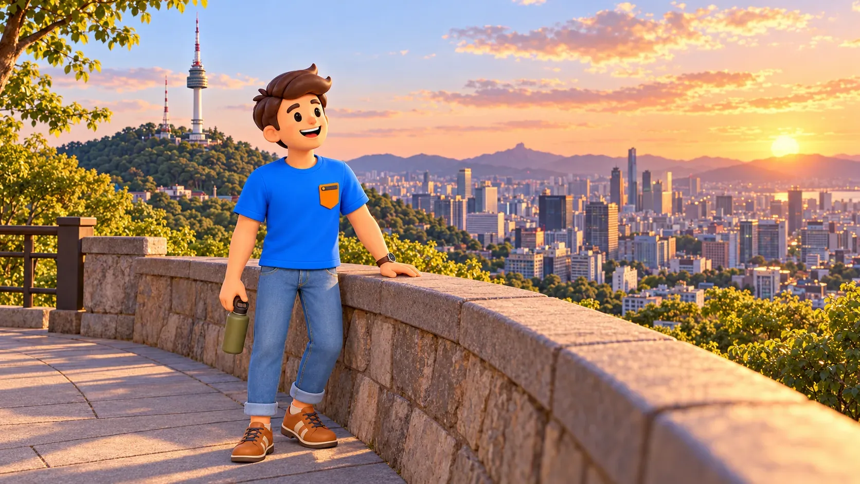 Personnage sur un belvédère illustré avec Séoul et la tour de Namsan