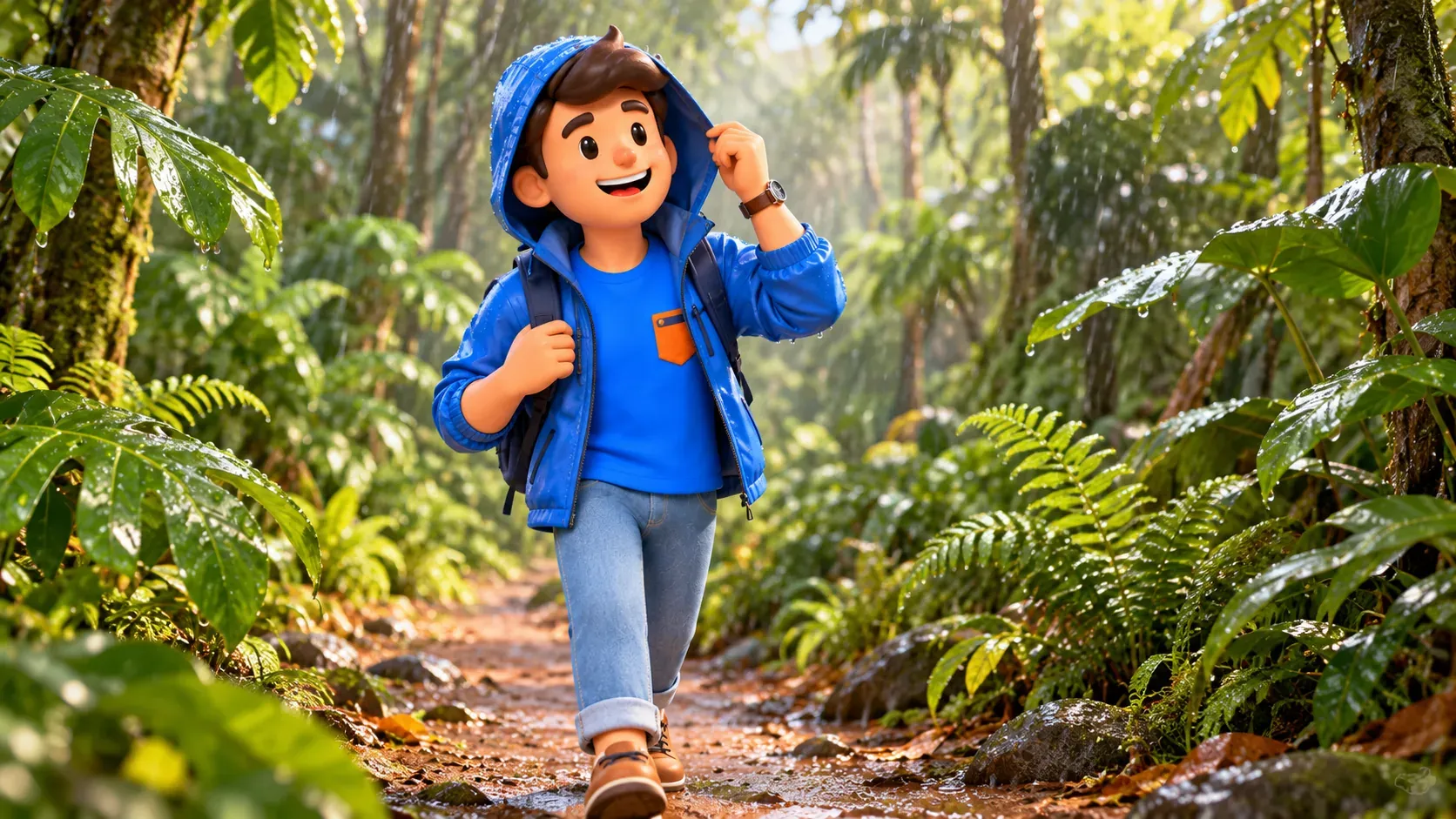 Voyageur en veste de pluie sur un sentier forestier humide